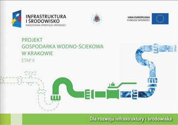 Kadr z filmu. Na nim napis Projekt Gospodarka wodno-ściekowa w Krakowie Etap II.