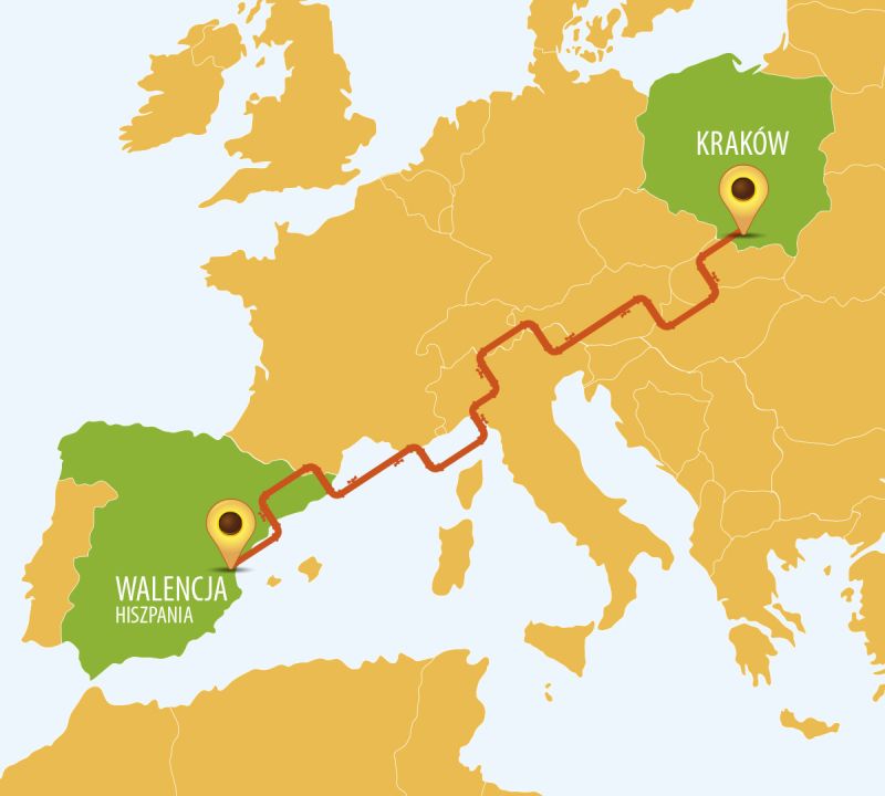 Odzwierciedlenie długości krakowskiej sieci wodociągowej na mapie Europy. Kraków połączony z miastem Walencja w Hiszpanii.