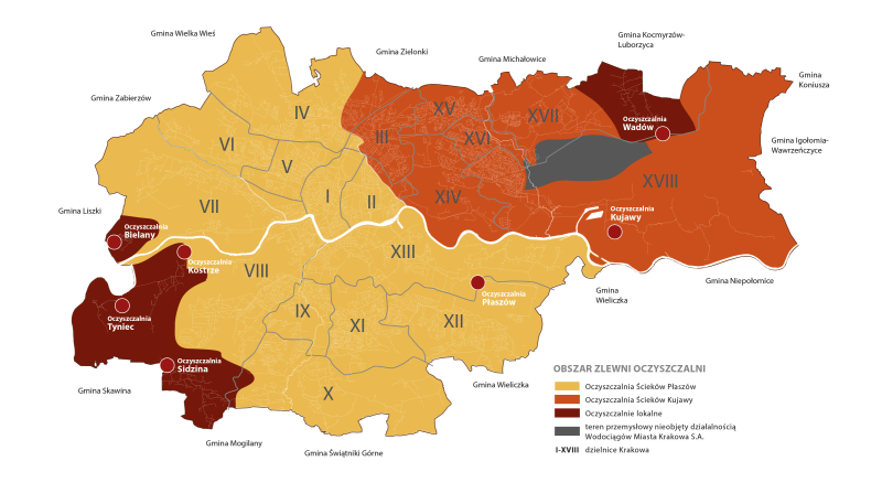 Mapa z dzielnicami Krakowa. Pokazane, które oczyszczalnie obsługują daną dzielnicę. 