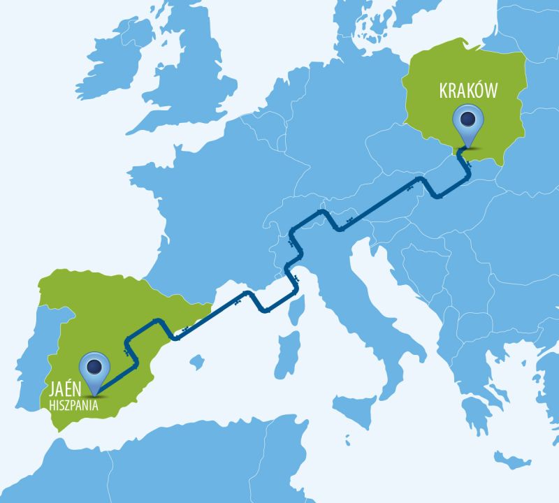 Odzwierciedlenie długości krakowskiej sieci wodociągowej na mapie Europy. Kraków połączony z miastem Jaén w Hiszpanii..