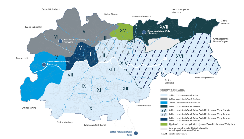 Mapa z dzielnicami Krakowa. Pokazane, z którego zakładu dostarczana jest woda do danej dzielnicy. 