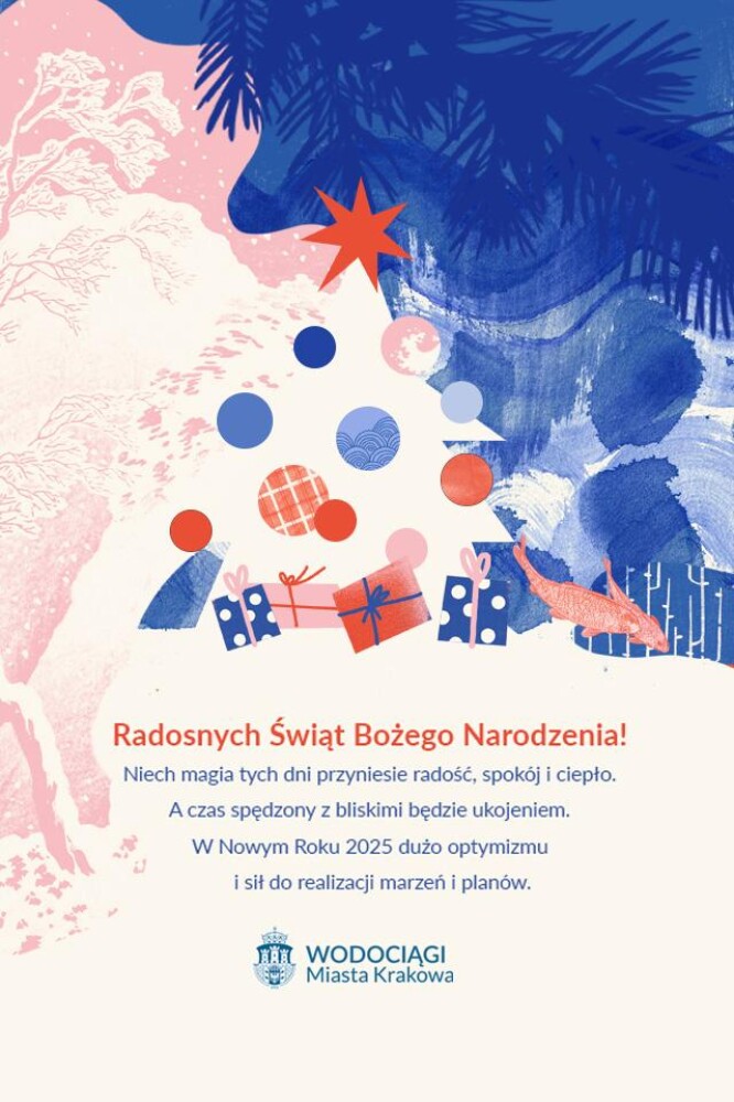 Kartka zawierająca graficzne przedstawienie choinki z bombkami niebiesko pomaranczowymi, tekst zyczeń i logotyp WMK S.A.