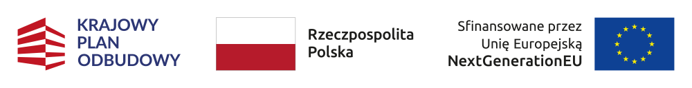 Logotyp Krajowego Planu Odbudowy, znak Rzeczypospolitej Polskiej oraz informacja o finansowaniu przez Unię Europejską w ramach NextGenerationEU.