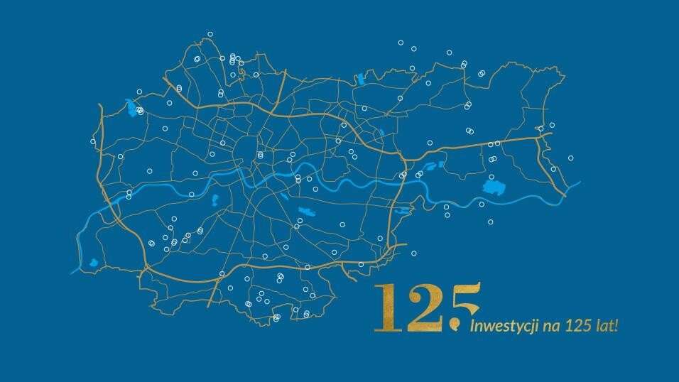 Na granatowym tle widzimy wycinek mapy Krakowa z&nbsp;zaznaczonymi kropkami. Te punkty oznaczają inwestycje prowadzone w&nbsp;mieście. Na&nbsp;niebieskiej grafice widnieje logotyp WMK